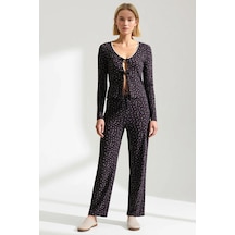 Benerly Kadın V Yaka Standart Kol Regular Kalıp Çiçek Desenli Pijama Takı Kahverengi
