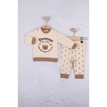 Babydonat Persona Bear Nakışlı % 100 Pamuk 2'li Erkek Bebek Takım Krem