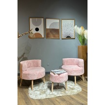 Elegant Comfort Pamuk Şeker Pembesi Çay Seti Ve Peluş Ikili Berjer & Puf Takımı - 3'lü Set