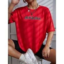 Miami T-shirt - Kırmızı Baskılı Oversize Bisiklet Yaka Kısa Kol Tişört Kirmizi