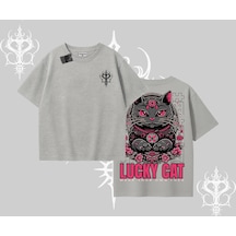 Tarzsokak Lucky Cat Japon Tarzı Kedi Baskılı Oversize Tshirt Gri