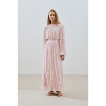 Piliseli Şifon Elbise Pudra Pudra