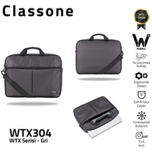 Classone Wtx304 Wtxpro Serisi 15.6 İnch Uyumlu Su Geçirmez Kumaş Macbook, Laptop , Notebook El Çantası- Gri