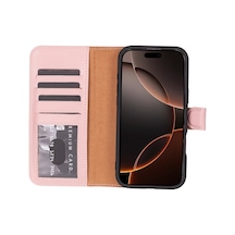 Cüzdan Taşıma Derdi Olmadan İphone 16 Pro Uyumlu Hakiki Deri El Yapımı Kart Yuvalı Kılıf Toz Pembe siyah