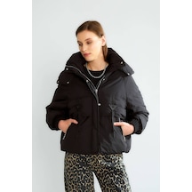Robin Kapüşonlu Cep Detaylı Şişme Oversize Kadın Mont Siyah D99749