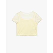 Koton Bisiklet Yaka Dantel Detaylı Askılı Astarlı Kısa Kollu Crop Tişört Sarı 5skg10543ak