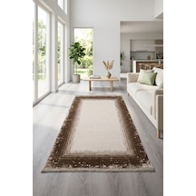 Saten Halı Modern Kaymaz Tabanlı Yıkanabilir Salon Oturma Odası Halısı Çerçeve Çizgili Desen Kahverengi