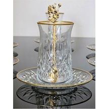 Atabey Home Collection 18 Parça Odin Çay Seti Japon Gülü Çay Kaşikli Cam Tabakli Gold Detayli