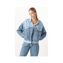 Kadın Renk Bloklu Oversize Jean Ceket Mavi 001