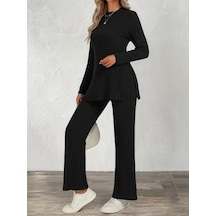 Evyora Kadın Uzun Kollu Bisiklet Yaka Yandan Yırtmaçlı Şardonlu Kaşkorse Bluz Ve Pantolon Ikili Takım Siyah