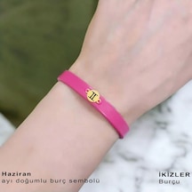 Archin Haziran Ayı Doğumlarına 14 Ayar Altın Plakalı Yuvarlak Motifli Pembe Derili Hediye Bileklik-394ay Haziran
