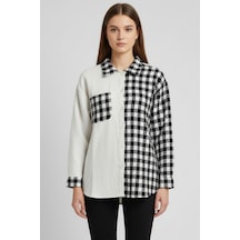 Kadın Siyah Oversize Fit Ekoseli Desenli Uzun Kollu %100 Pamuk Gömlek, Ceket, Kadın Oduncu Gömlek Siyah