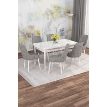 Jusie Beyaz Mermer Desen 80x132 Açılabilir Sunta Masa Yemek Odası Takımı, Mutfak Takımı 6 Sandalye Gri
