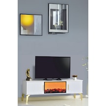 Rüya Dekoratif Şömineli Tv Sehpası Beyaz Gold Kulplu 2 Kapaklı Alev Efektli 150x50x36 CM