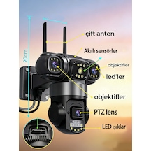 Üçlü Lens 6mp 4g Sım Ptz Dış Mekan Güvenlik Kamerası: 360 Panoramik, 7/24 Kayıt, Hareket Sensörlü Alarm, Gece Görüş, Suya Dayanıklı Gövde
