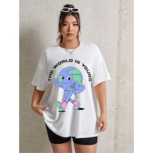 Flood Of Style Kadın Beyaz World Bisiklet Yaka Tshirt