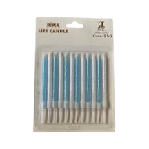 Doğum Günü Parti Süs Pasta Mumu - Simli Mavi - Beyaz - 8 Cm. - 12 Adetlik Paket