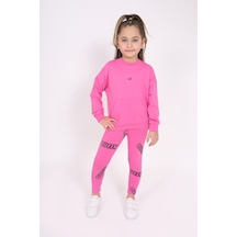 Toontoy Kız Çocuk 2'li Takım Baskılı Bisiklet Yaka Düşük Omuz Cepli Sweatshirt & Basic Düz Tayt Fuşya