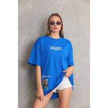 Wear Vexel Kadın Bisiklet Yaka Baskılı Oversize T-shirt - Mavi Çok Renkli