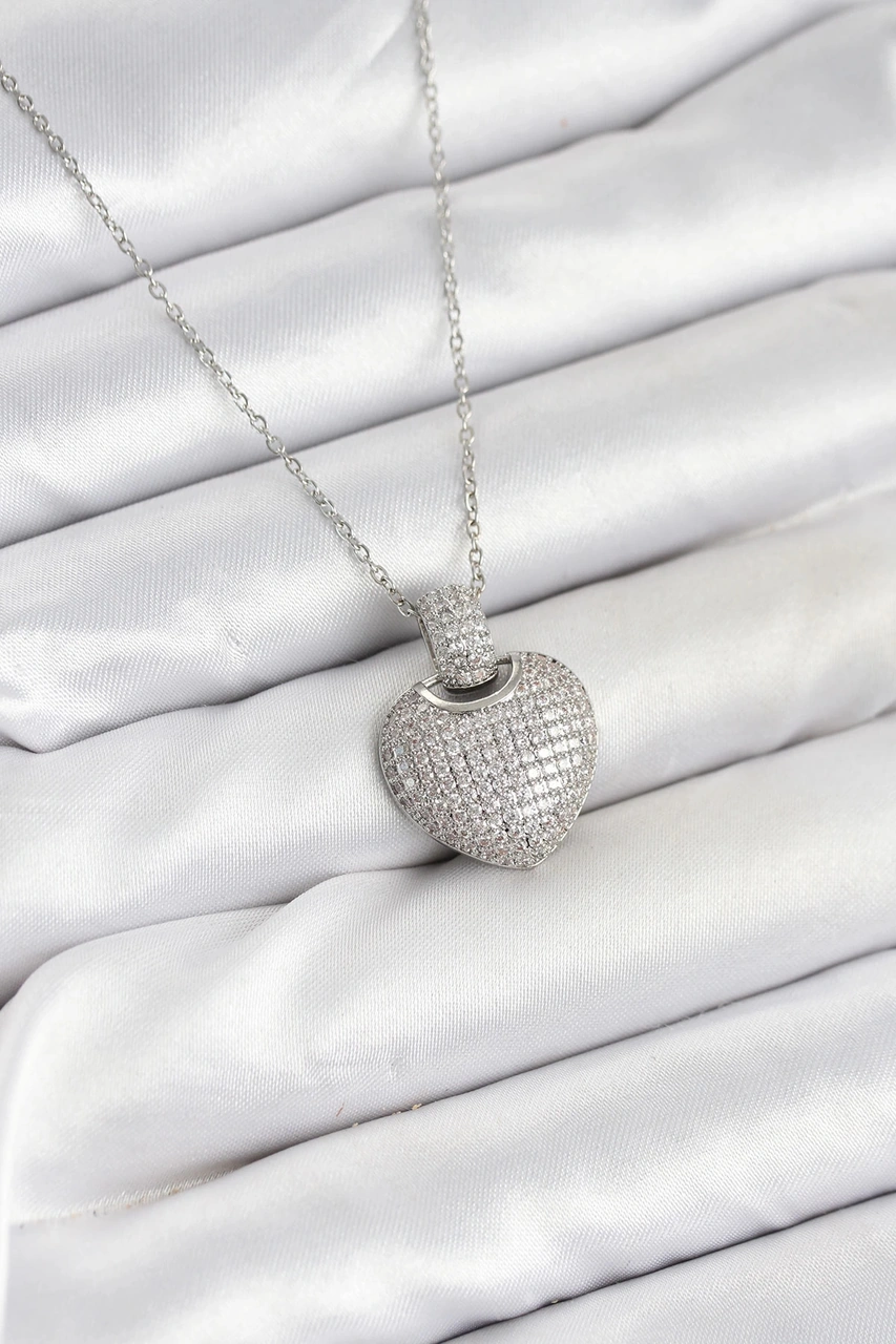 316l Çelik Zincir Gümüş Renk Zirkon Taşlı Kalpli Kadın Kolye Çok Renkli
