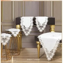 Salon Takımı 5 Parça Dantelli Keten Masa Örtüsü Runner Seti Çeyizlik Samina Model No 85693 Krem