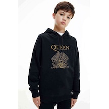 Queen Baskılı Unisex Çocuk Kapüşonlu Siyah Sweatshirt