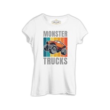 Monster Trucks Wit Retro Background Beyaz Kadın Tshirt 001