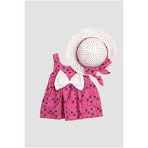 Desenli Fiyonklu Şapkalı Kız Bebek Elbisesi-bordo
