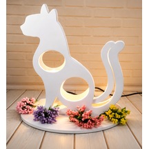 Dekoratif Ahşap Kedi Masa Lambası 25x30,5 Cm Mdf Ampul Hariç Beyaz