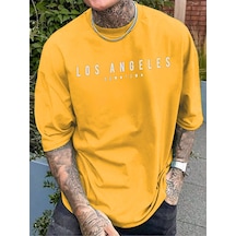 Los Angeles Downtown Süprem T-shirt - Sarı Baskılı Oversize Bisiklet Yaka Kısa Kol Tişört Sarı