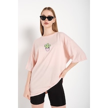 Flood Of Style Kadın Pembe Cactus Logo Baskılı Oversize T-shirt