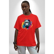 Renkli Maymun Goril Pamuklu Bisiklet Yaka Unisex Oversize Boyfriend Dijital Baskılı Kırmızı T-shirt Kırmızı