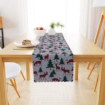Yılbaşı Ağacı Geyik Desenli Beyaz Zemin Dijital Baskılı Petek Dokuma Runner 40x140