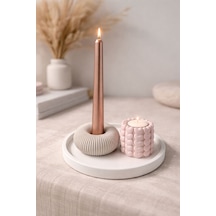 Tabaklı Modern Beyaz Şamdanlık Ve Pudra Pembe Kalpli Mumluk Set Pudra Pembe Beyaz