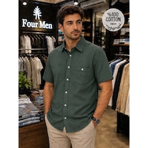 Eren Style Linen Keten Klasik %100 Cotton Kısa Kollu Terletmeyen Gömlek Koyu Yeşil