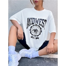 Beyaz Oversize Midwest Series 6 T-shirt - Oversize Baskılı Beyaz