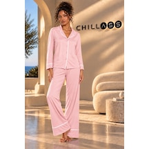Chıllass Kadın Pamuklu Uzun Kollu Pijama Takımı Önden Düğmeli Pembe Pembe