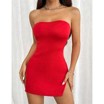 Kırmızı Fantezi Seksi Omuzu Açık Derin Yırtmaçlı Metal Halka Detaylı Straplez Mini Elbise Hf104145