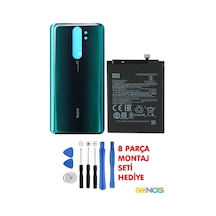 Xiaomi Redmi Note 8 Pro Uyumlu Cam Kapak Batarya Pil Kapağı Yeşil + Pil Batarya Bm4j + Montaj Set