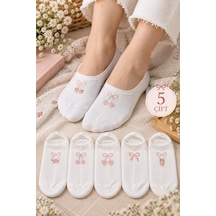 Hitit Socks Kadın 5 Çift Kurdele Ve Çiçek Desenli Babet Çorap Bilek Çorabı beyaz