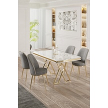 Canisa Vals Serisi 80x130 Lak Panel Beyaz Mermer Desen Masa Takımı Gold Ayaklı 4 Gri Sandalye Masa Beyaz Mermer Desen Sandalye Gri