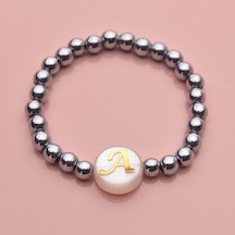 Metal Rengi Harfli Hematit Kişiye Özel Kadın Bileklik Takı Gri