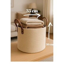 Maisoné Deri Saplı Hasır Görünümlü Jüt Sepet Battaniye Sepeti Oyuncak Sepeti Krem