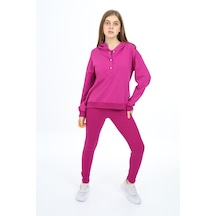 Toontoy Kids Toontoy Kız Çocuk 2'li Takım Baskılı Kapüşonlu Düşük Omuz Çıtçıtlı Sweatshirt & Basic Düz Tayt Mürdüm