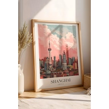 Shanghai China Vintage Seyahat Posteri Çerçeveli Tablo - Premium Pudong Silüeti Elit Duvar Dekoru Kayın