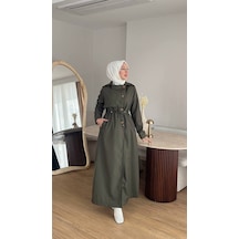 Esra Butik78 Kadın Düğmeli Trençkot Kendi Kumaşından Kemerli Model Haki