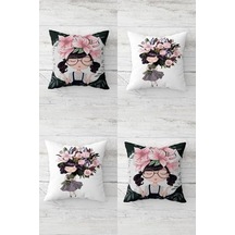 Çiçekli Genç Kız Gizli Fermuarlı Kırlent Kılıfı Koltuk Yastık Kılıfı Takım 4adet , Gri-beyaz-pembe 45 X 45 50 x 22