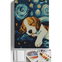 Sayılarla Boyama Seti Numaralı Tuval Fırça Boya Askı Aparatı Dahil Set 40x50 Cm - Yıldızlı Gece Köpek