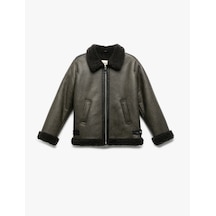 Koton Peluş Detaylı Gömlek Yaka Uzun Kollu Oversize Biker Ceket Haki 6wkg20039aw Haki