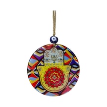 Renkli Geometrik Desenli Cam Hamsa Eli - Nazarlık Ev Hediyesi 16 Cm